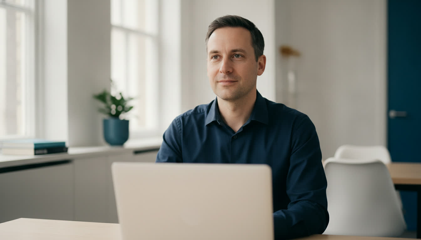 A calm portrait in a modern office, laptop closed