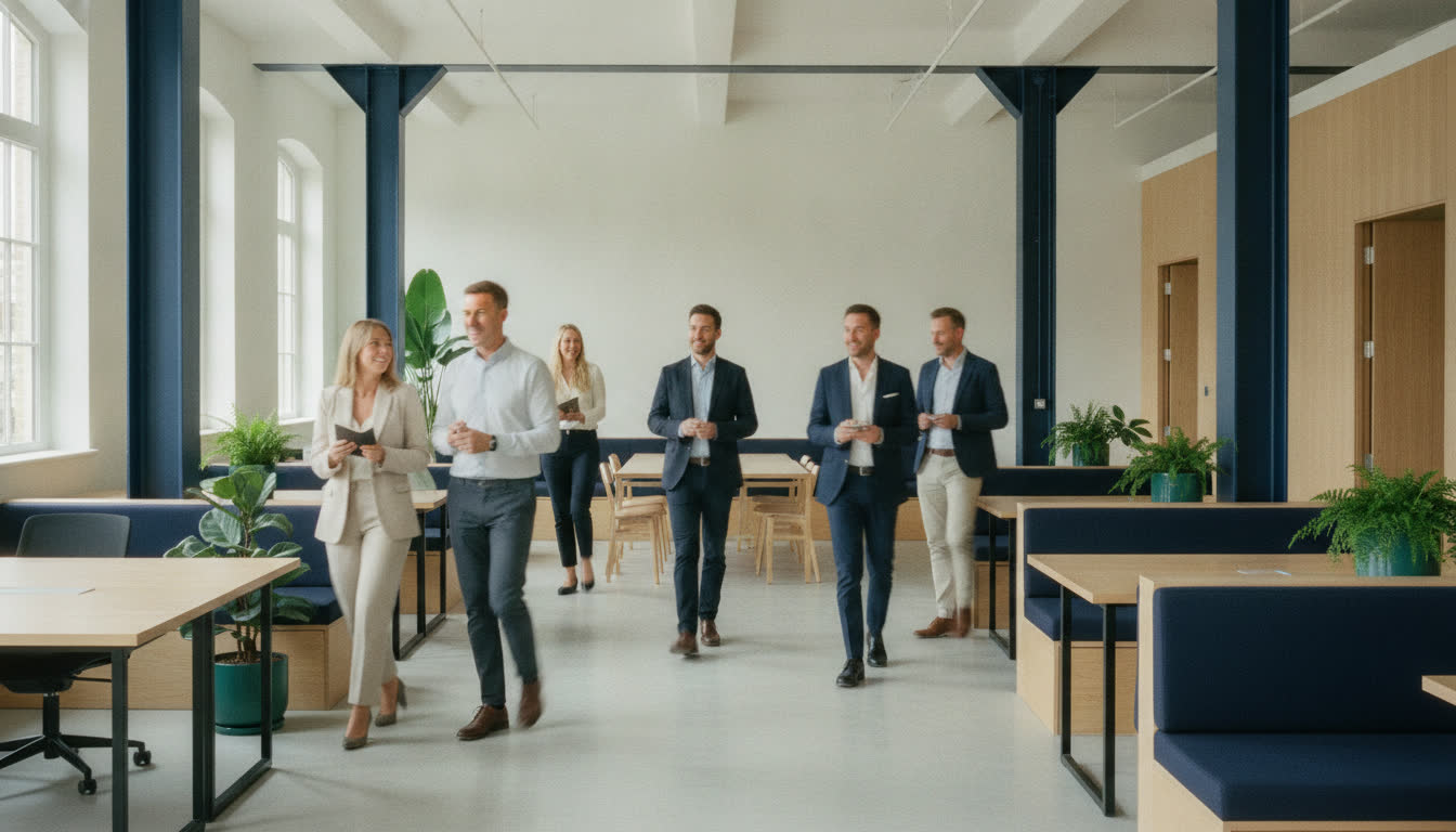 People walking through a bright coworking space